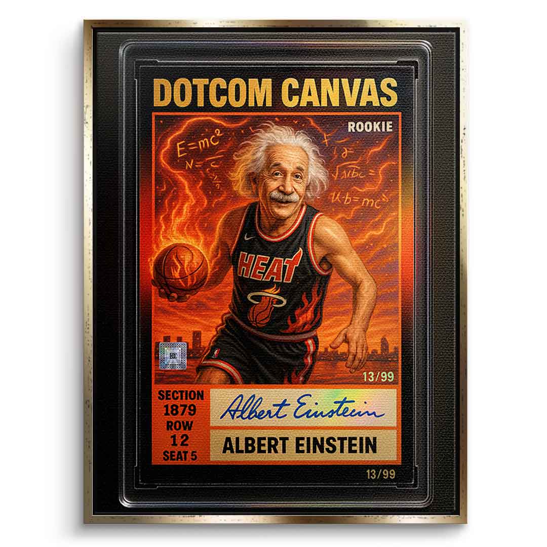 DOTCOMCANVAS Albert Einstein Basketball Card Pop Art Wandbild Leinwandbild Frontansicht mit goldenem Rahmen