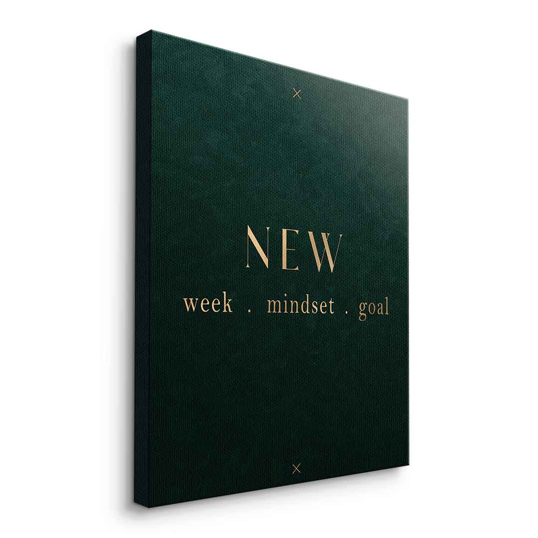 DOTCOMCANVAS NEW week, mindset, goal – motivierendes Typografie-Wandbild, goldene Serifen-Schrift auf dunkelgrünem Hintergrund – Leinwandbild Ansicht 7