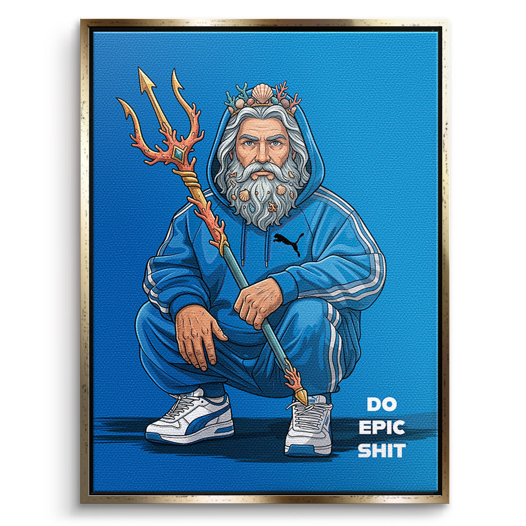 Poseidon Swag Leinwandbild Frontansicht Goldener Rahmen