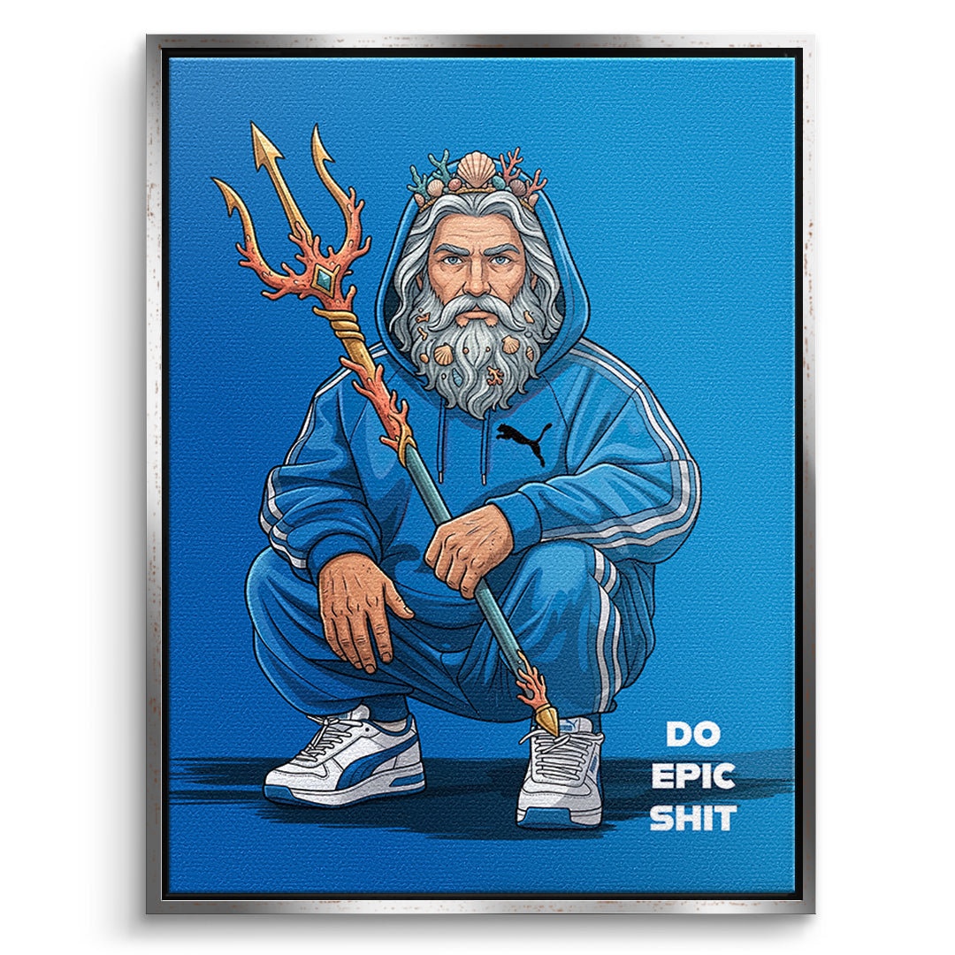 Poseidon Swag Leinwandbild Frontansicht Silberner Rahmen