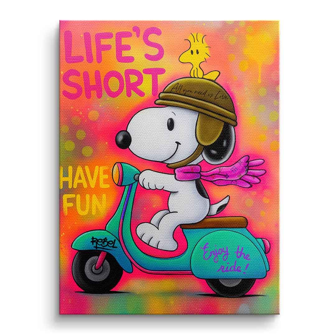 Snoopy Vespa – Kennenlern-Leinwand 30 × 20 cm