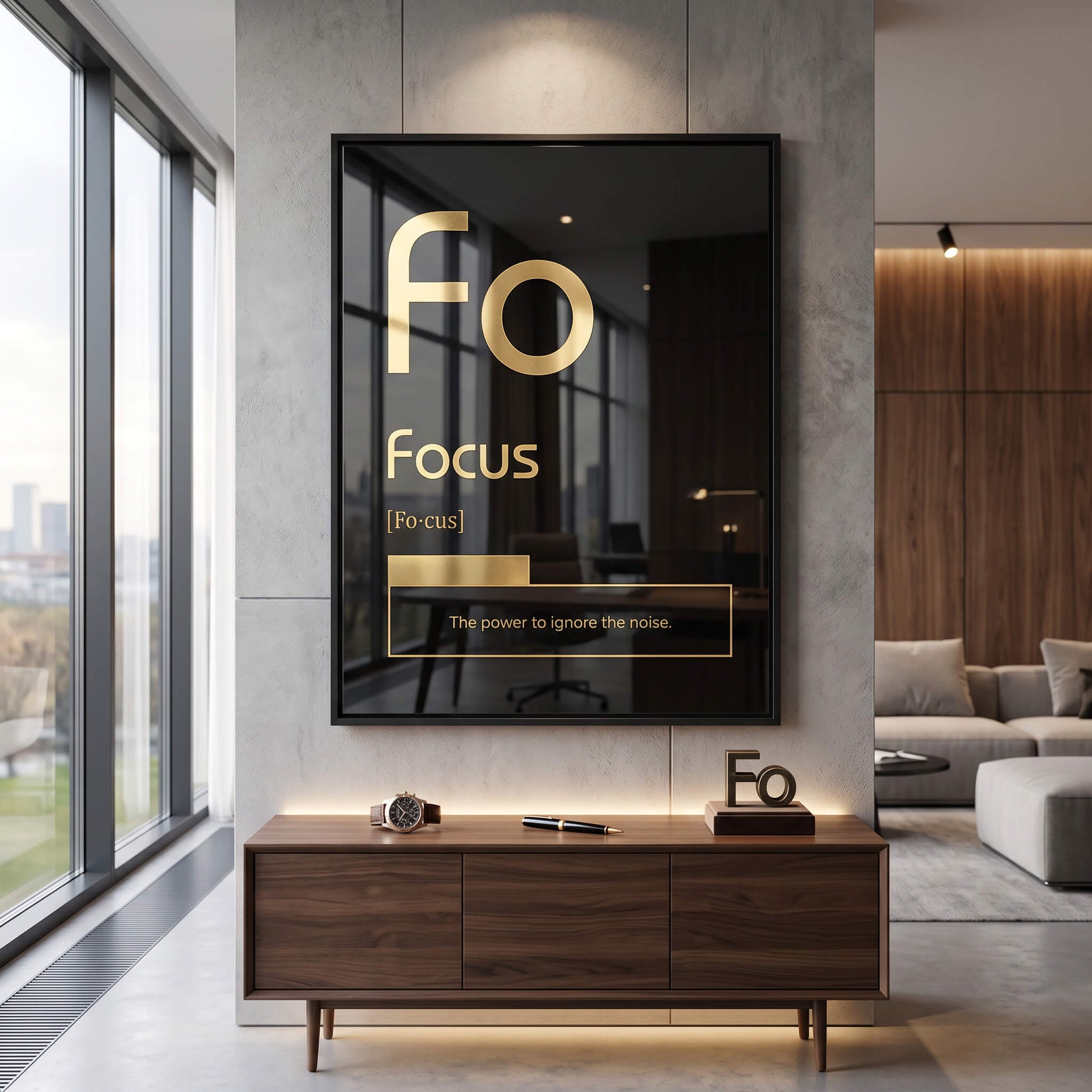 DOTCOMCANVAS® Focus (Fo) Acrylglasbild Version Schwarz – Raum-Mockup