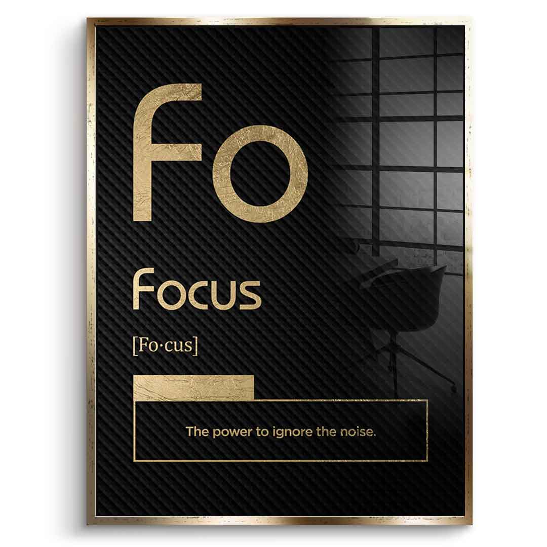 DOTCOMCANVAS® Focus (Fo) Acrylglasbild Version Schwarz – Vorderansicht Silberner Rahmen