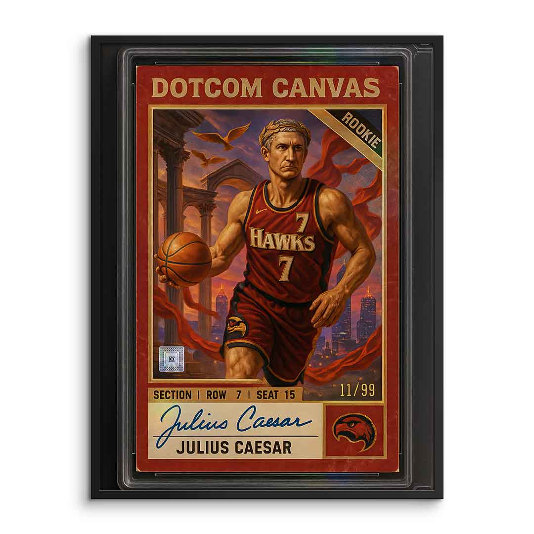 DOTCOMCANVAS Julius Caesar Basketball Card Poster Pop Art – Frontansicht im Rahmen