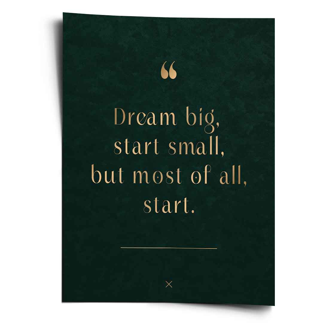 DOTCOMCANVAS Dream Big Poster Frontansicht – goldene Typografie auf dunkelgrünem Hintergrund