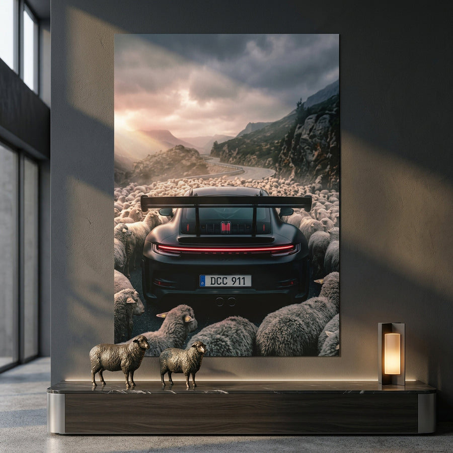 Porshe & Sheeps Poster im Wohnraum als Wanddekoration