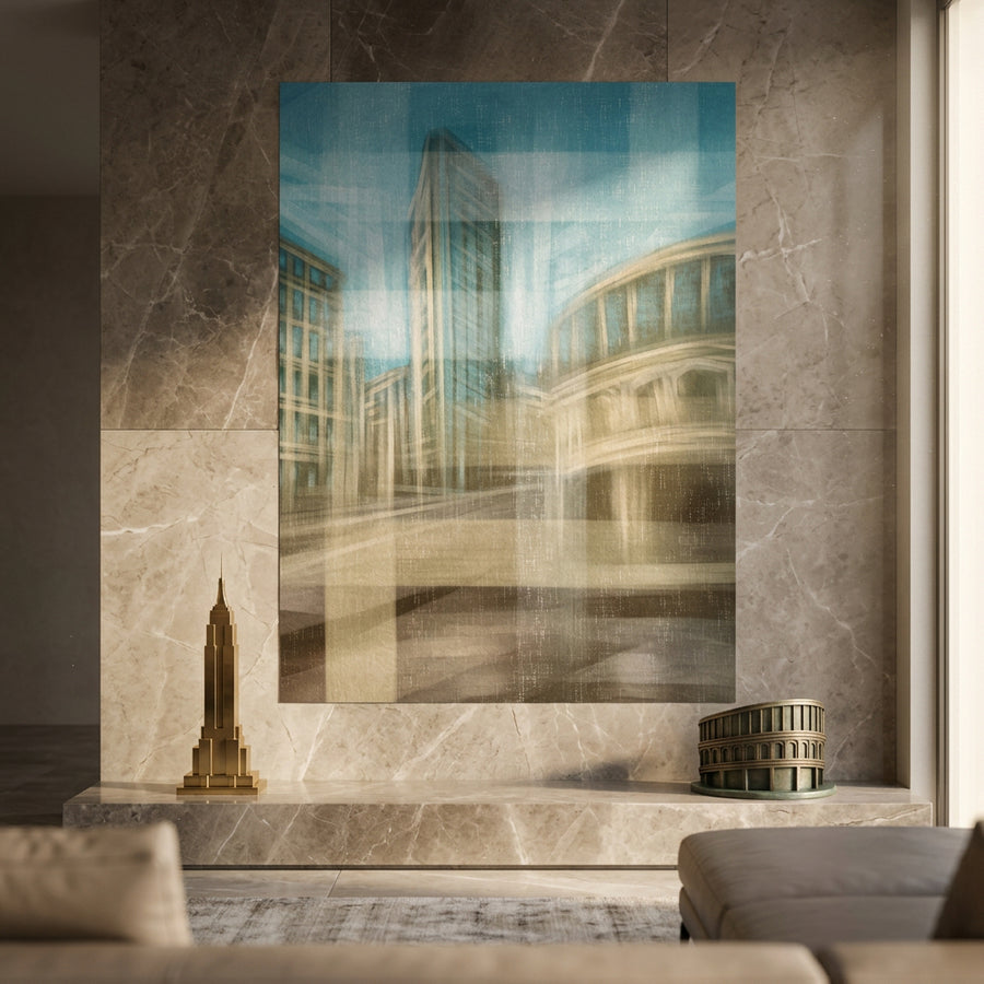City in the Embrace of Golden Mist Poster im Raum