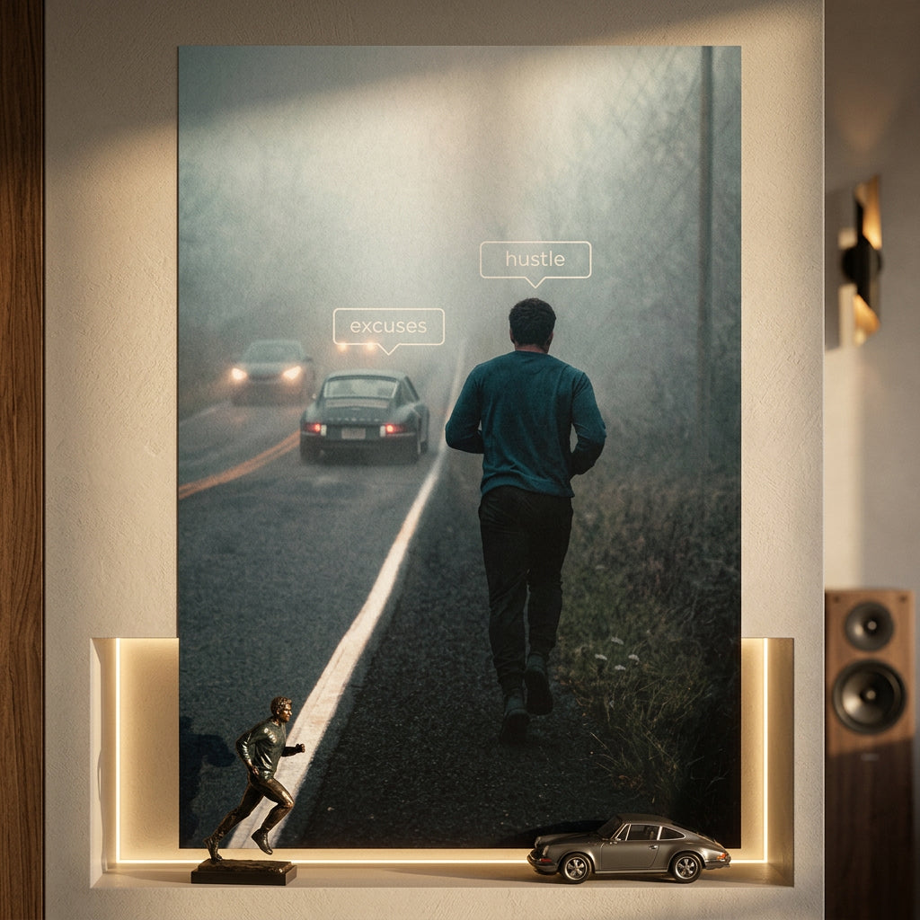 Poster Hustle & Excuses Raum Mockup – Wohnzimmer Wandbild Motivation